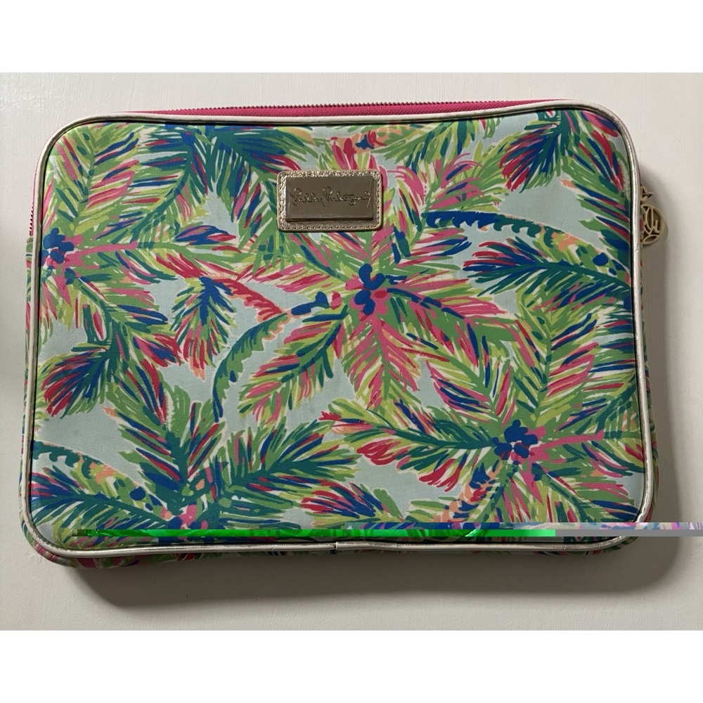 Lilly Pulitzer 13" Laptop Sleeve Padded Neoprene Pink Green Palm Tree Print Zip